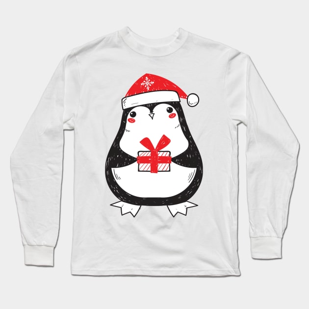 Cheerful Christmas Penguin Long Sleeve T-Shirt by Korry